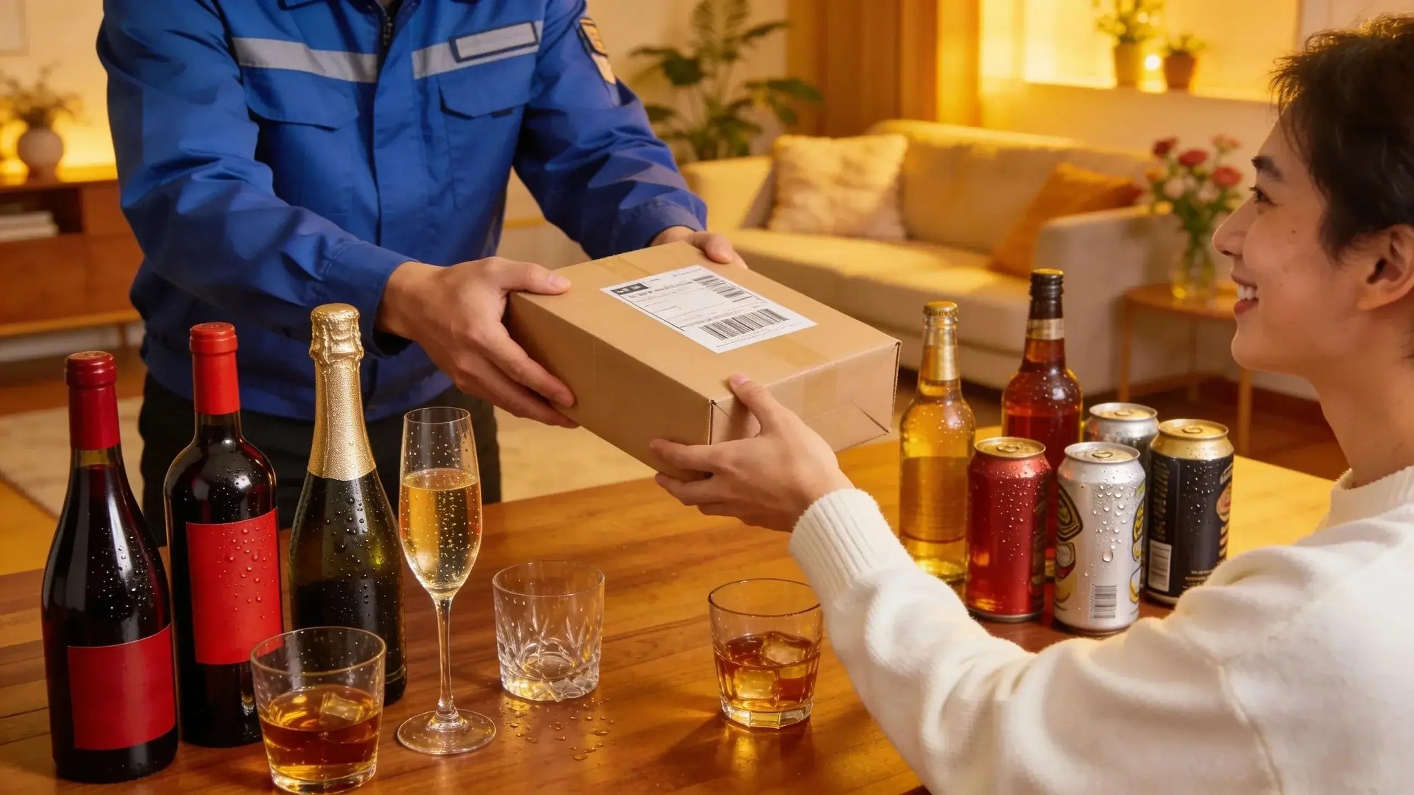 Lifestyle scene with alcoholic beverages being delivered, emphasizing convenience and celebration