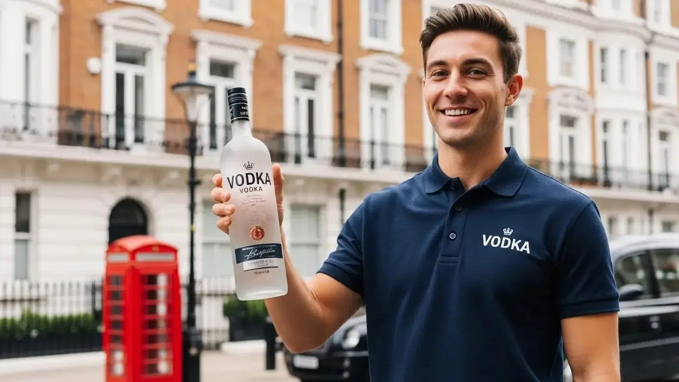 Delivery person with vodka bottle in front of a London apartment, representing fast vodka delivery service
