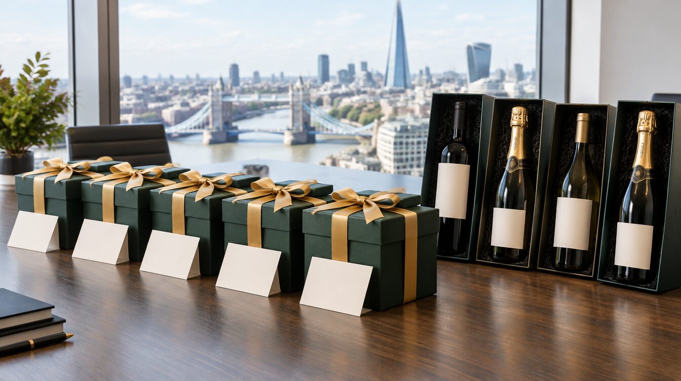 Corporate drinks gift boxes and champagne on a London office desk overlooking Tower Bridge