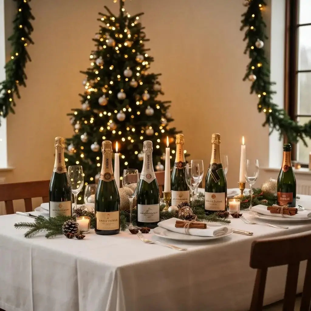 Festive Christmas table with champagne bottles and holiday decorations