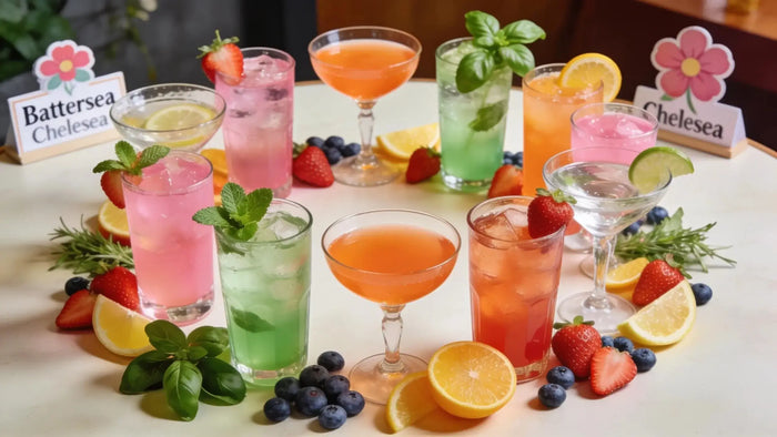Festive arrangement of low-calorie cocktails with fresh fruits and herbs at a party