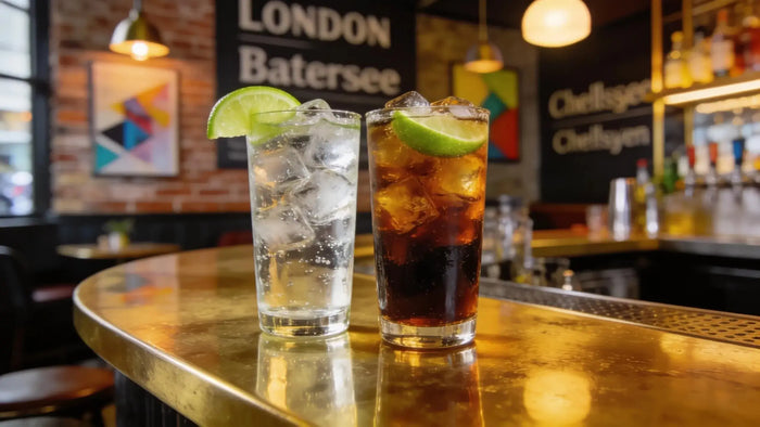 Refreshing vodka soda and vodka cola drinks with garnishes, set in an energetic London bar atmosphere