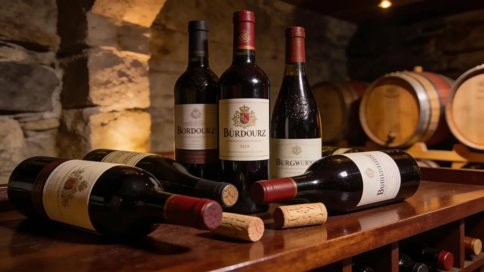 Selection of premium fine wines showcasing Bordeaux and Burgundy bottles in a luxurious wine cellar environment