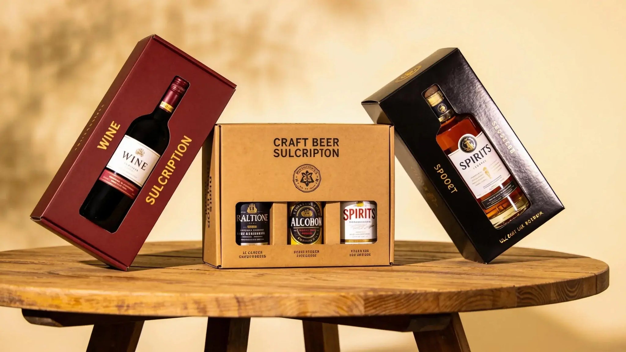 Variety of alcohol subscription boxes including wine, craft beer, and spirits displayed invitingly on a table