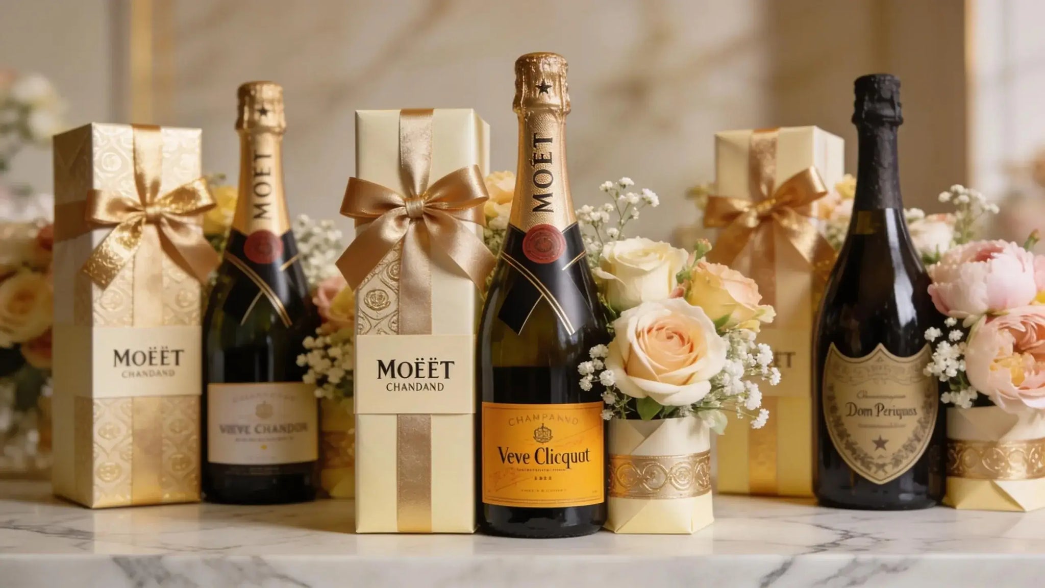Luxury champagne gifts arrangement with premium bottles and elegant gift wrapping