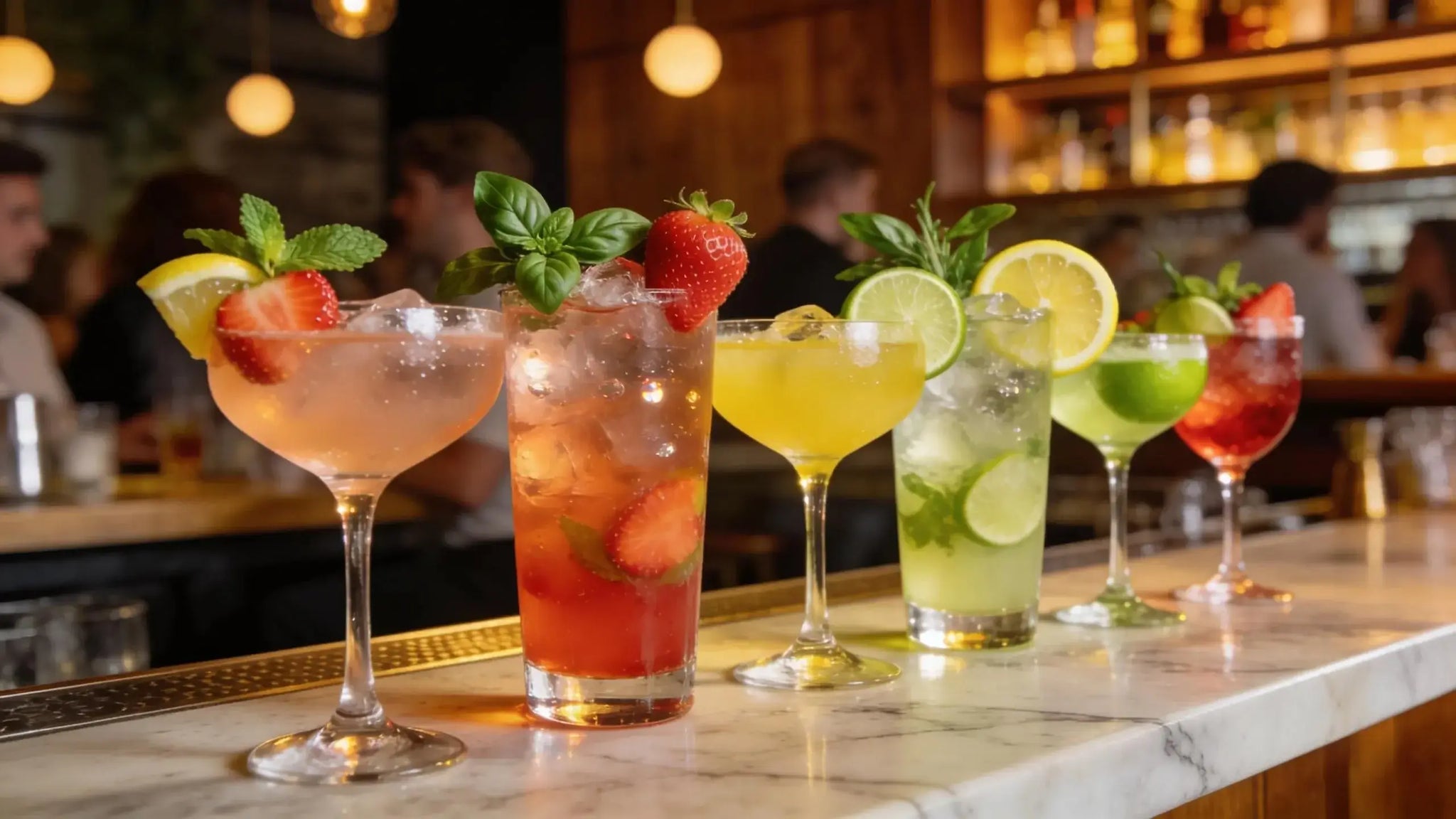 Colorful low-calorie cocktails on a stylish bar counter showcasing fresh ingredients and vibrant garnishes