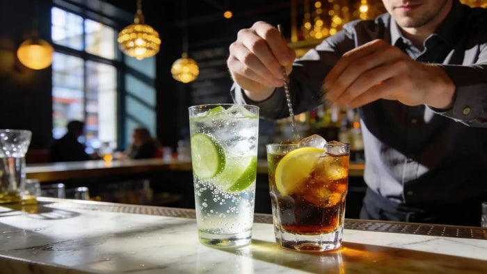 Vodka soda and vodka cola drinks prepared in a lively London bar setting, showcasing their differences