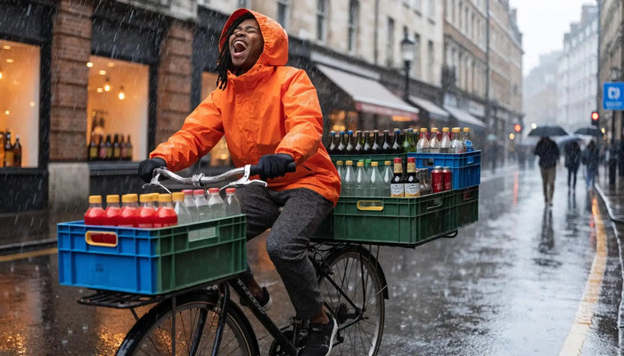 Same-day alcohol delivery in London with a delivery person amidst iconic London scenery