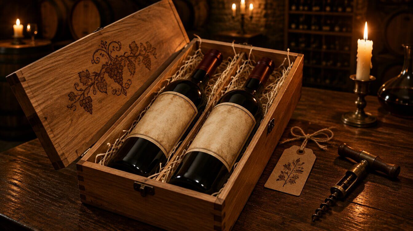 Red wines in a wooden gift case for a London wedding