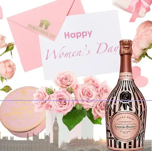 Champagne bottle, pink roses, greeting card, and London skyline for Women's Day celebration.