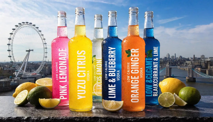 Low-calorie vodka selection with fresh citrus, featuring London boroughs in the background