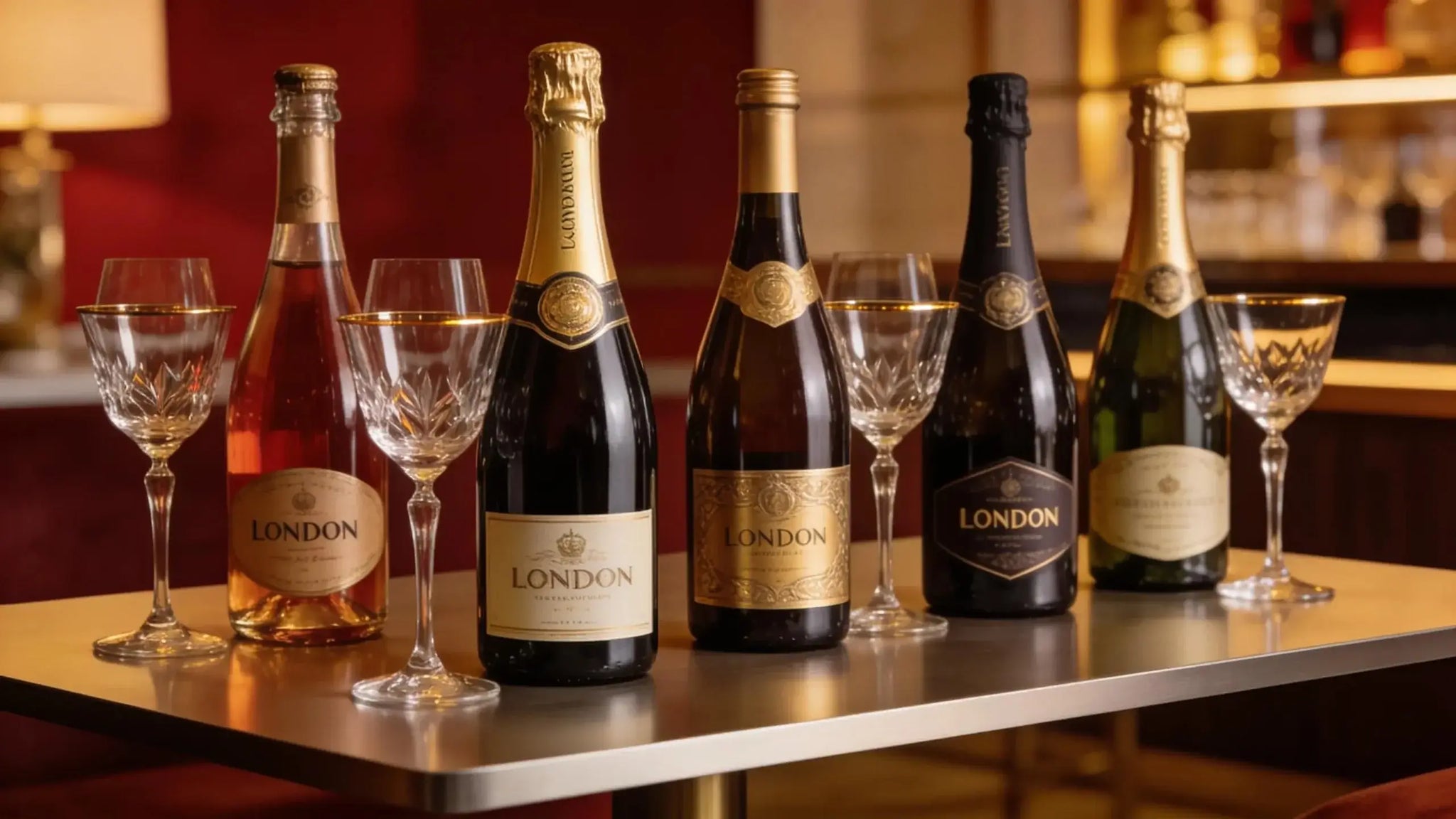 Luxury wine and champagne bottles elegantly arranged in a premium setting reflecting the essence of sophisticated delivery services in London