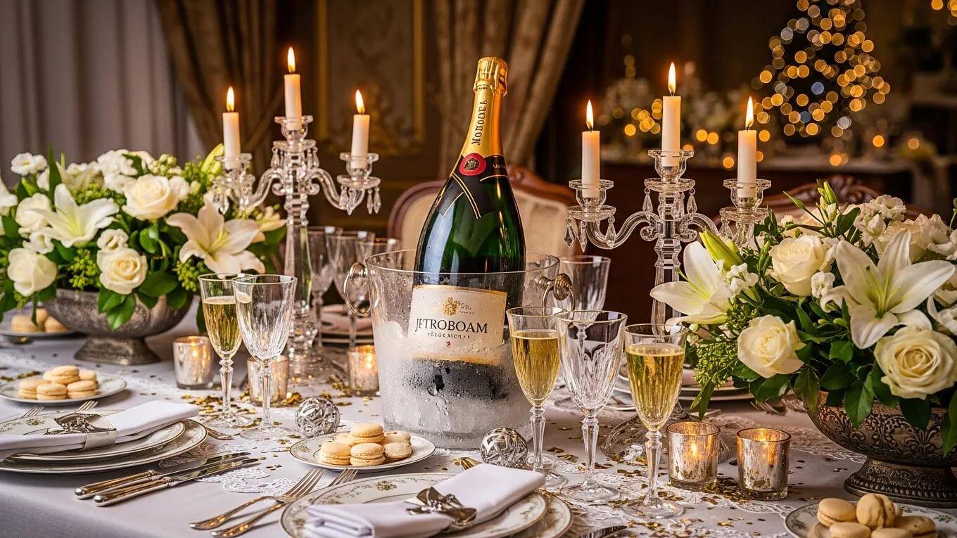 Luxurious magnum champagne bottle on an elegantly set table for celebrations
