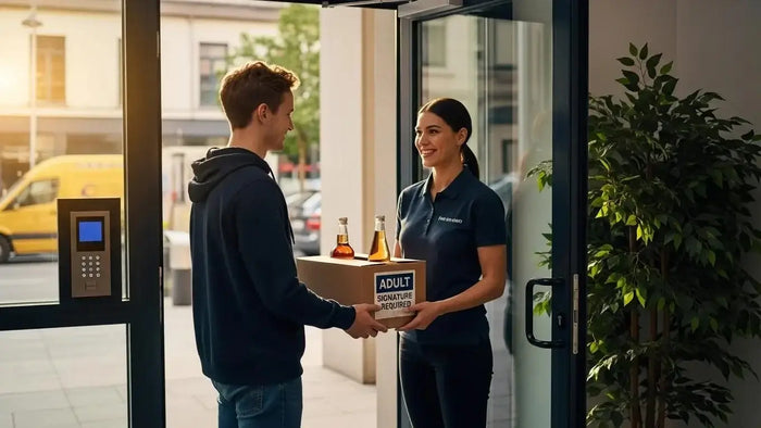 Alcohol delivery service showcasing a young adult receiving drinks at home, emphasizing convenience and safety