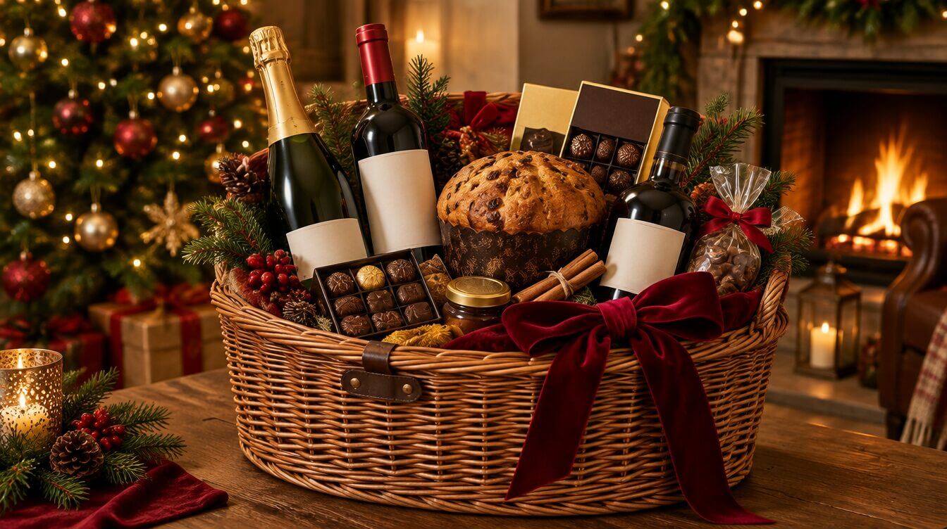 Christmas drinks hamper by the tree for a London Christmas party