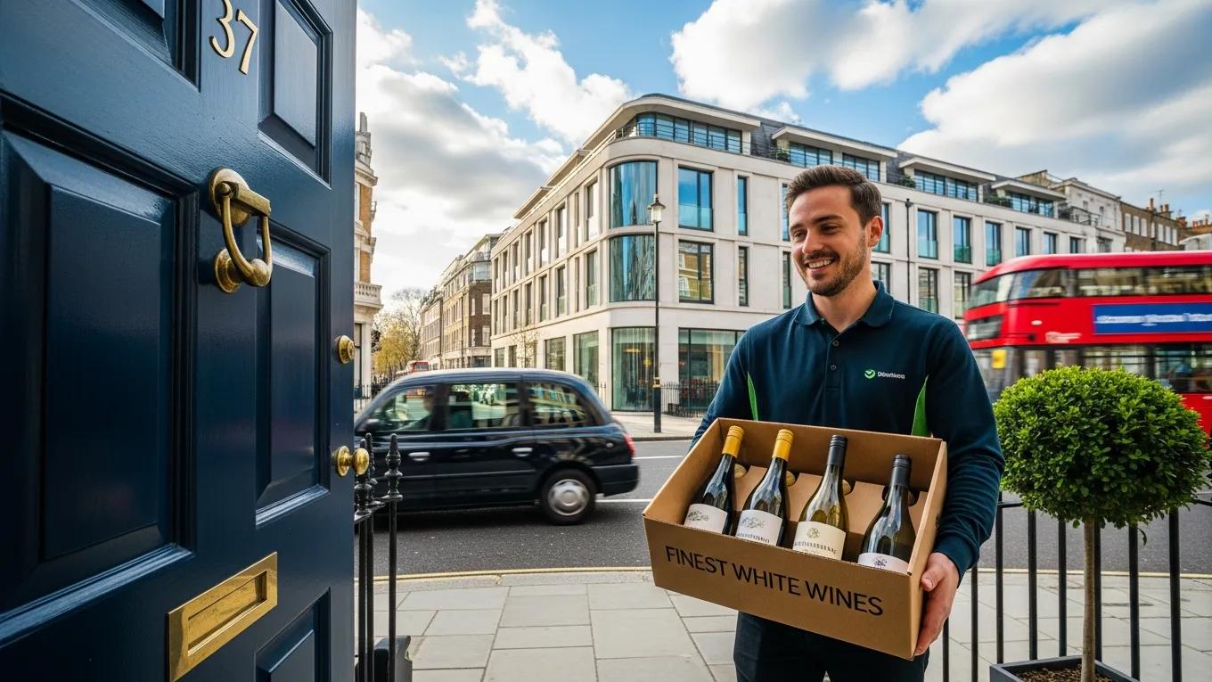Fast white wine delivery at a London doorstep with a smiling delivery person