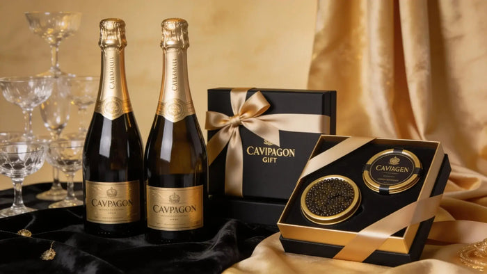 Luxury champagne bottles paired with gourmet caviar gift boxes, emphasizing premium gifting in the UK