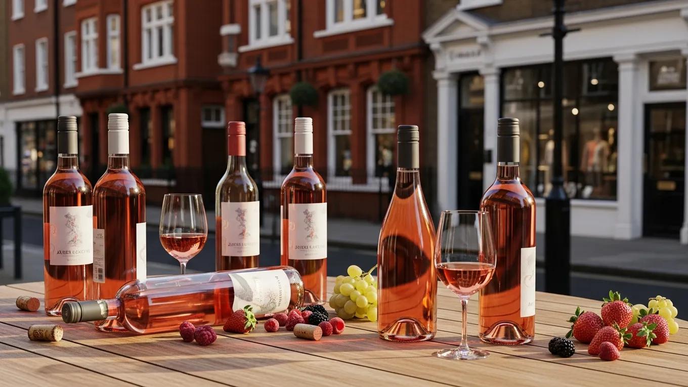 Selection of rosé wines in elegant bottles on a stylish table in a cozy London street setting
