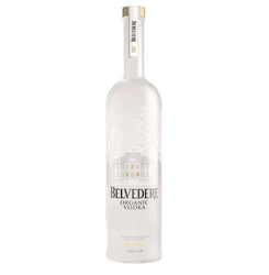 Frosted white glass bottle of Belvedere Organic Vodka with a clear, elegant design. The bottle features subtle etched frost patterns of delicate tree branches or vines wrapping around the glass, creating a natural, organic motif. A prominent central label displays "BELVEDERE" in bold uppercase gold lettering above "ORGANIC VODKA" in smaller gold text.