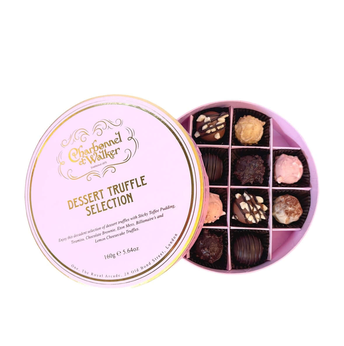 Chocolates in a 'Charbonnel et Walker' box on a white background
