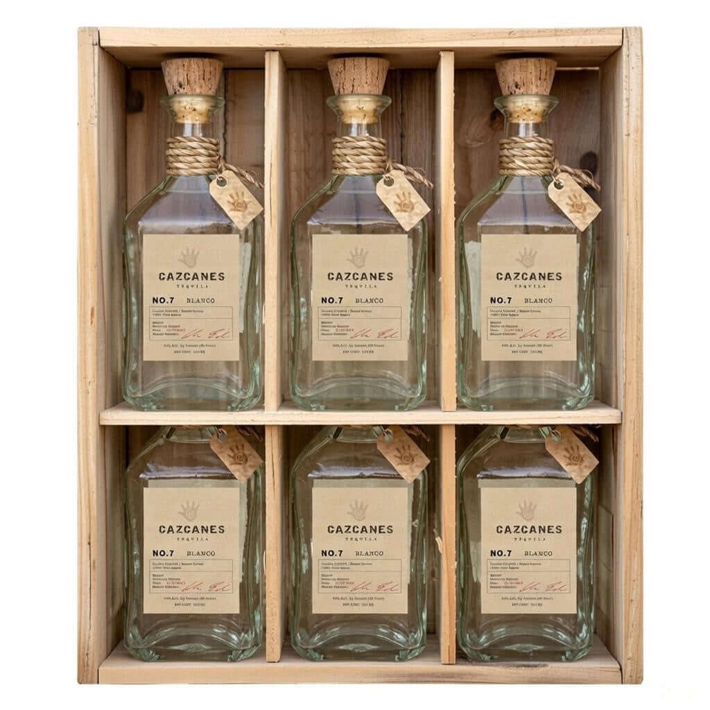 Case of 6 bottles of Cazcanes No.7 Blanco Tequila 75cl, premium Mexican blanco tequila made from 100% blue agave in handcrafted glass bottles.