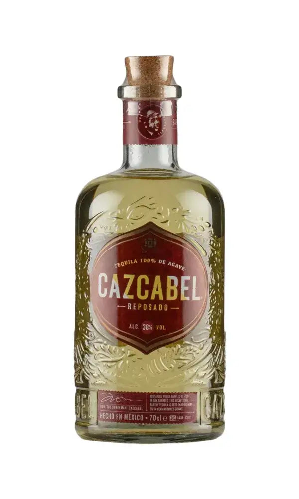 Cazcabel Reposado Tequila 70cl – golden tequila in a rustic, minimal bottle reflecting handcrafted quality and oak-aged smoothness.