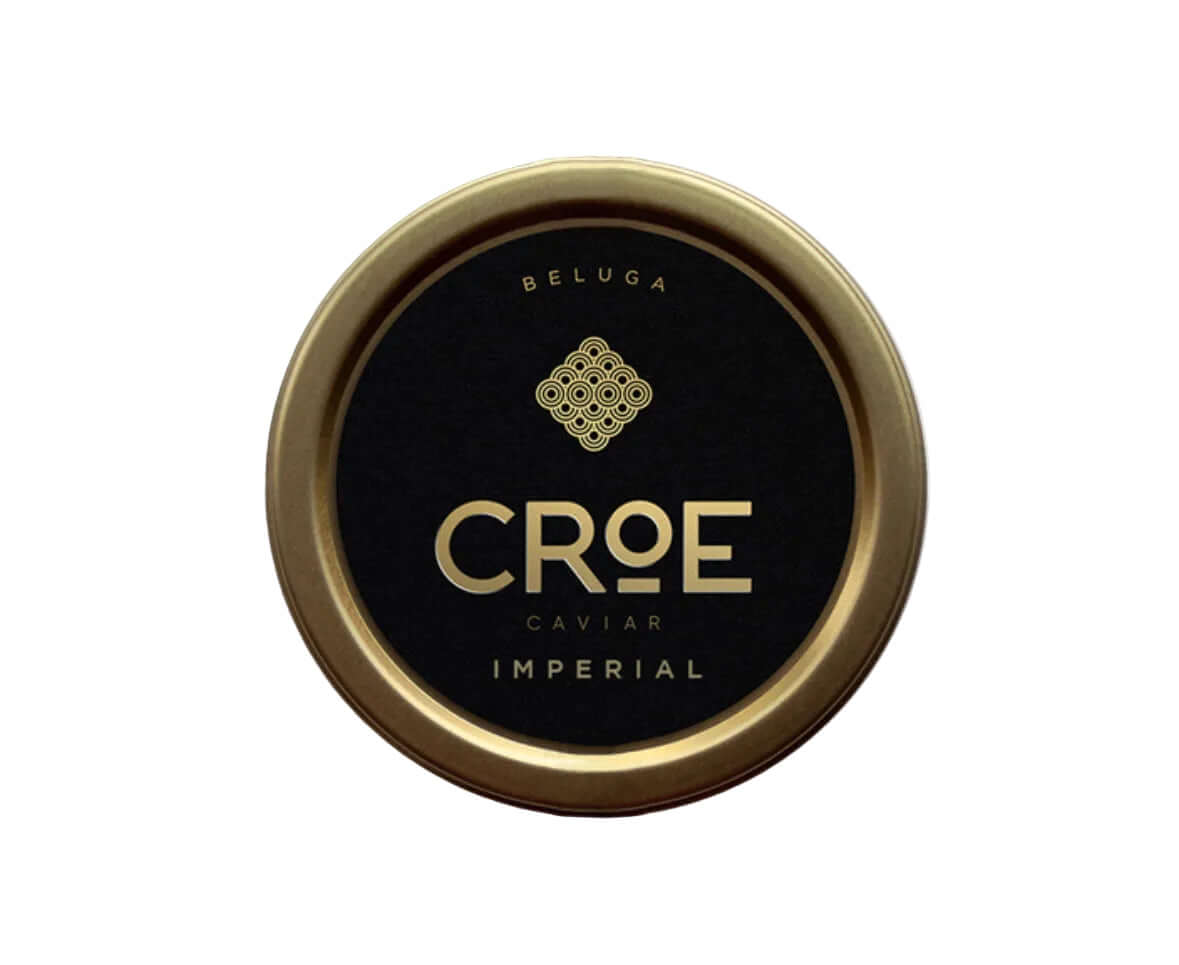Croe Caviar Imperial container with gold lid on a white background