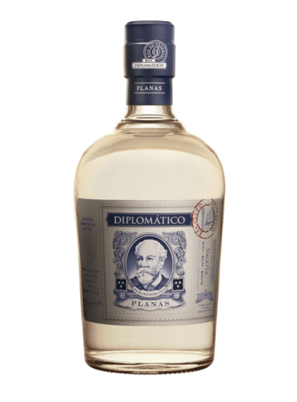 Clear glass bottle of Diplomático Planas Aged White Rum (70cl), featuring a crystal-clear spirit inside. The label is vintage-inspired with a grey-beige background, ornate blue borders, and a central oval portrait of a bearded man (Señor Don Juancho Nieto) in blue tones, surrounded by decorative scrolls. Bold blue text reads "DIPLOMÁTICO" at the top, "PLANAS" below the portrait, and "AGED SIPPING RUM" with additional details like "RON DE VENEZUELA", "EXTRA AÑEJO", and small icons.