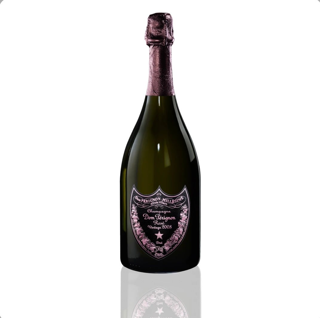A single bottle of Dom Pérignon Rosé Vintage 2008 champagne, showcasing its iconic dark glass and elegant label with the brand name and vintage year clearly displayed.