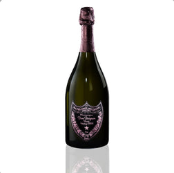 A single bottle of Dom Pérignon Rosé Vintage 2008 champagne, showcasing its iconic dark glass and elegant label with the brand name and vintage year clearly displayed.
