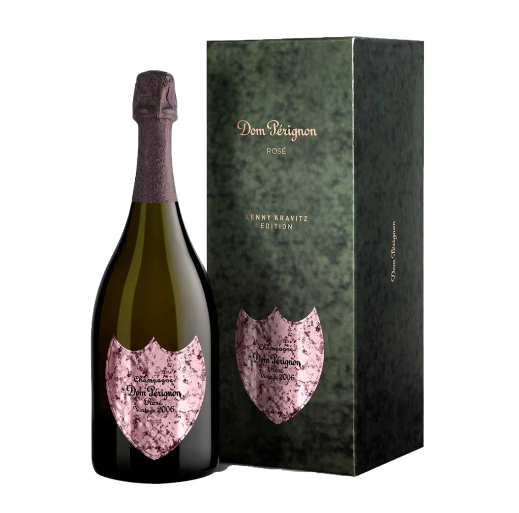 A gift box containing a bottle of Dom Pérignon Rosé Vintage 2006 Lenny Kravitz Edition champagne. The label on the bottle features "LENNY KRAVITZ EDITION" in bold letters above the Dom Pérignon branding.