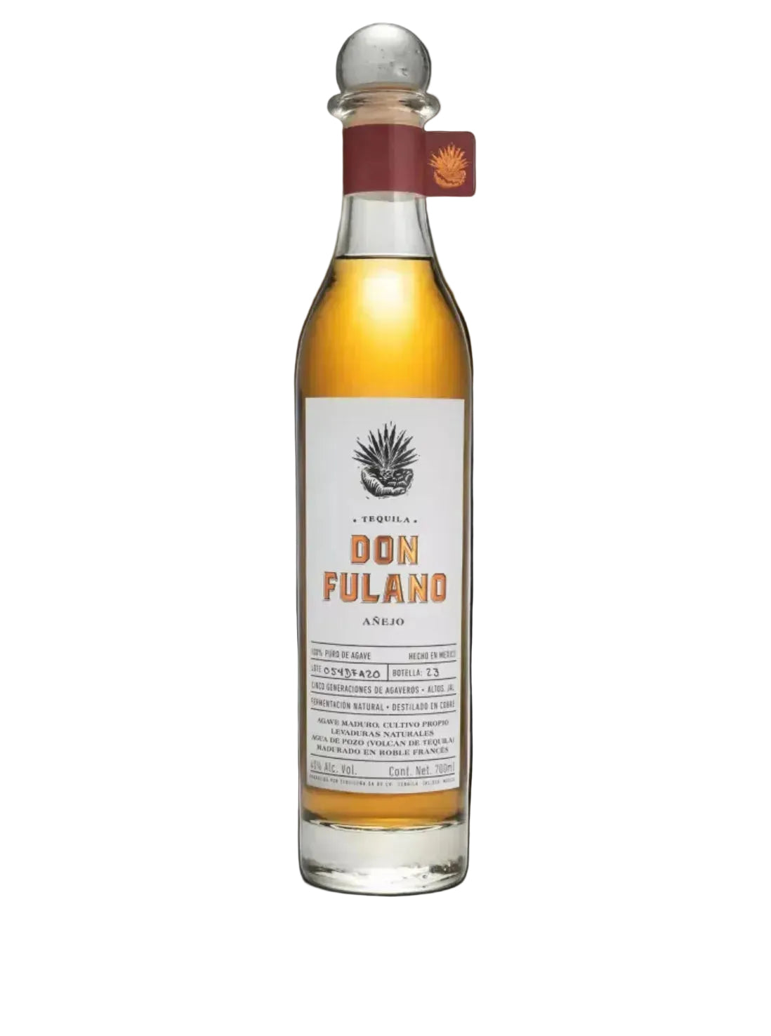 Bottle of Don Fulano agave spirit on a white background
