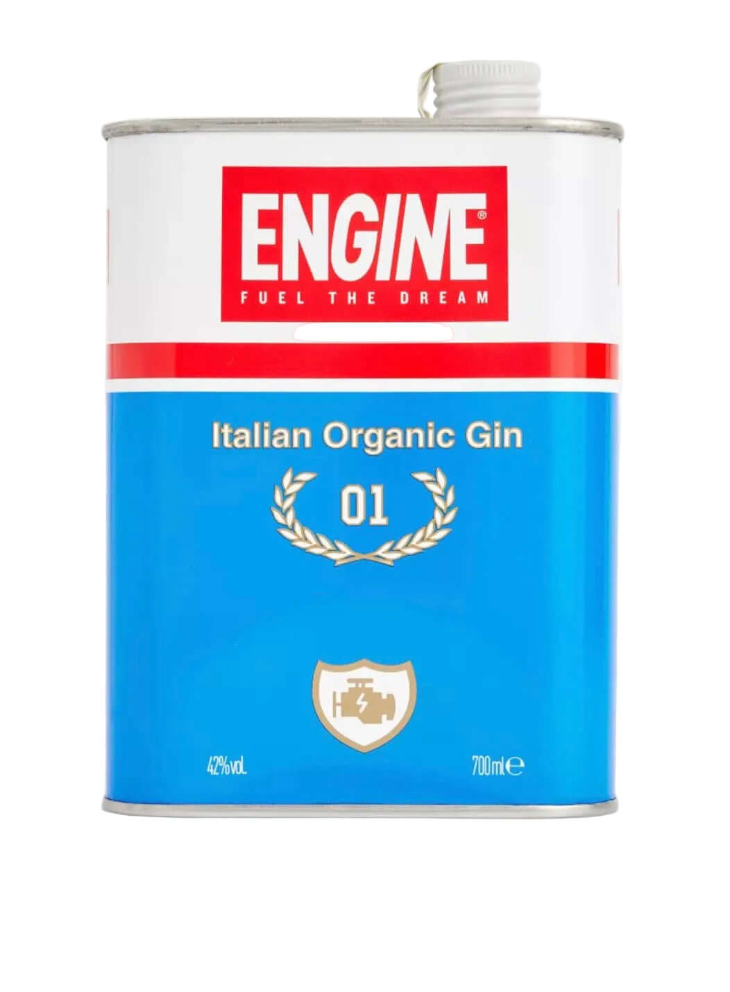 Blue metal jerrycan-style tin of Engine Italian Organic Gin (700ml / 70cl). The canister has a classic fuel-can design with a white top section reading "ENGINE" in bold red letters and "FUEL THE DREAM" slogan below, a wide red horizontal band in the middle, and a large blue lower section featuring "Italian Organic Gin" in white, a gold laurel wreath with "01" in the center, and a small shield emblem with a stylized engine icon. Additional text includes "42% vol." and "700ml e" at the bottom.