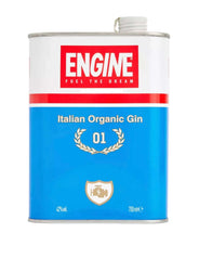 Blue metal jerrycan-style tin of Engine Italian Organic Gin (700ml / 70cl). The canister has a classic fuel-can design with a white top section reading "ENGINE" in bold red letters and "FUEL THE DREAM" slogan below, a wide red horizontal band in the middle, and a large blue lower section featuring "Italian Organic Gin" in white, a gold laurel wreath with "01" in the center, and a small shield emblem with a stylized engine icon. Additional text includes "42% vol." and "700ml e" at the bottom.