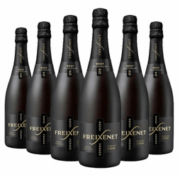 Six bottles of Freixenet Cava on a white background
