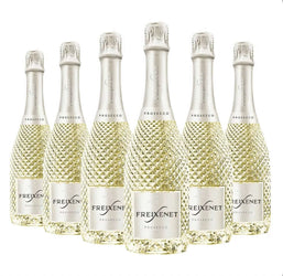 Six Freixenet Prosecco bottles with textured design on a white background