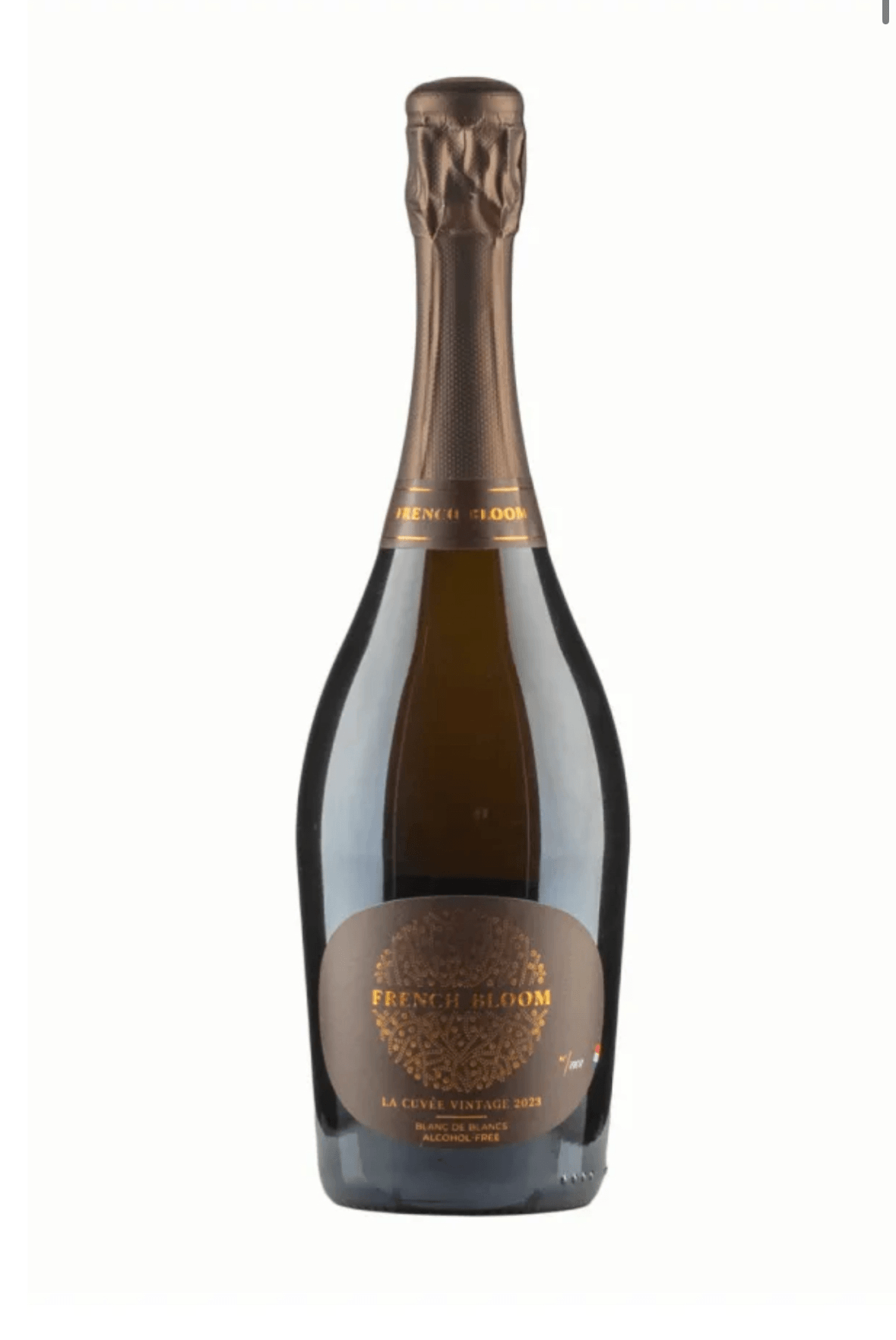 Bottle of French Bloom sparkling wine on a white background