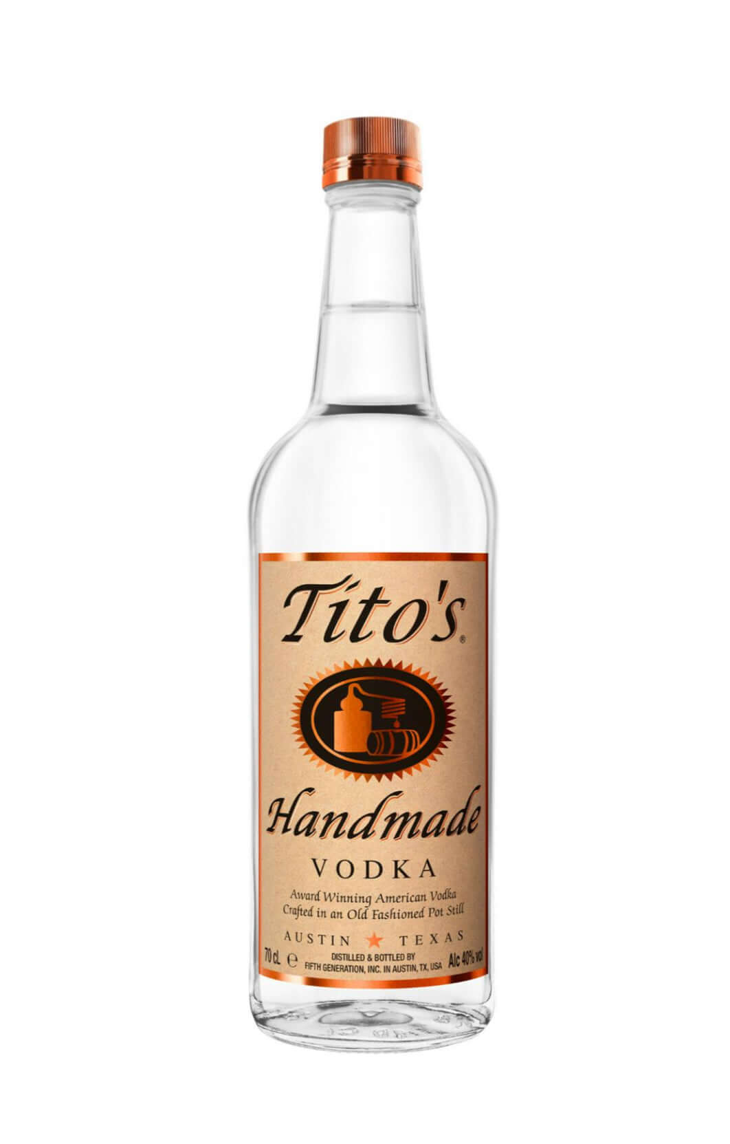 Tito’s Handmade Vodka 70cl bottle - Award-winning American craft vodka distilled in Austin, Texas, made from 100% corn in an old-fashioned pot still, with a smooth, clean finish.