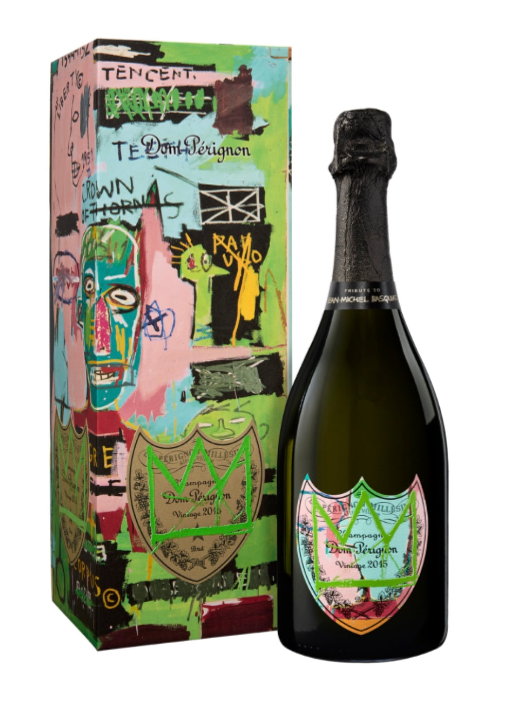 The limited edition Dom Pérignon 2015 vintage champagne bottle, wrapped in a vibrant green label showcasing the iconic crown and raw, abstract artwork by American artist Jean-Michel Basquiat.