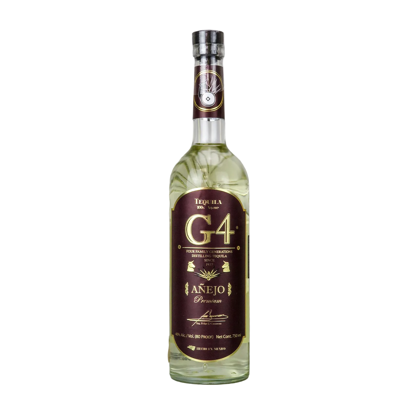 Bottle of G4 Añejo Tequila 70cl – amber-colored tequila in a glass bottle with a brown label, aged 18 months for rich flavor.