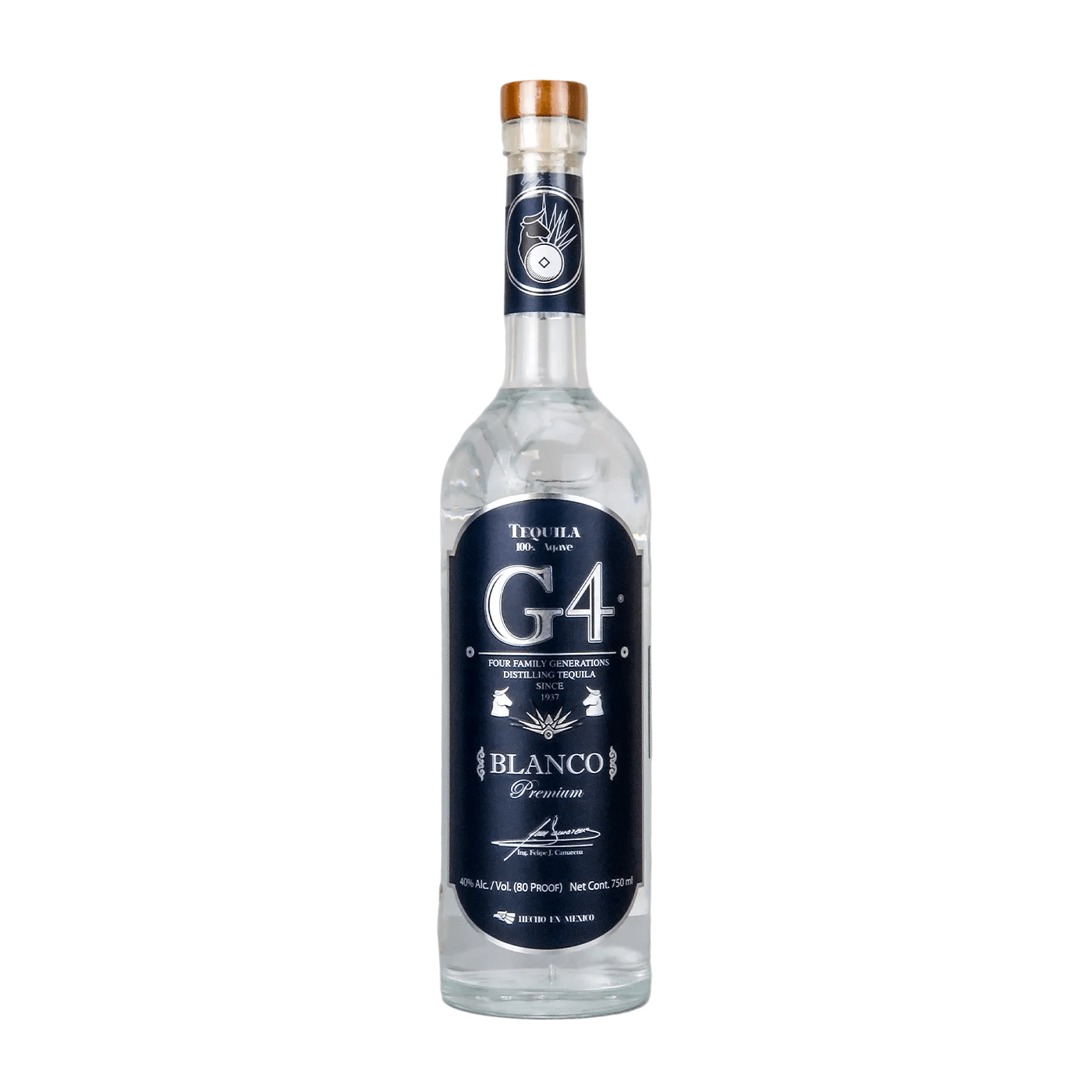 Bottle of G4 Blanco Tequila 70cl – clear tequila in a sleek glass bottle with a blue label, showcasing its unaged purity.