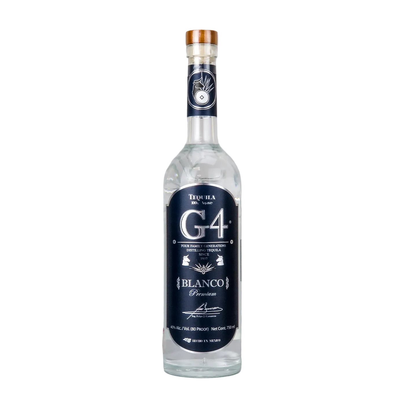 Bottle of G4 Blanco Tequila 70cl – clear tequila in a sleek glass bottle with a blue label, showcasing its unaged purity.