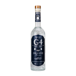 Bottle of G4 Blanco Tequila 70cl – clear tequila in a sleek glass bottle with a blue label, showcasing its unaged purity.