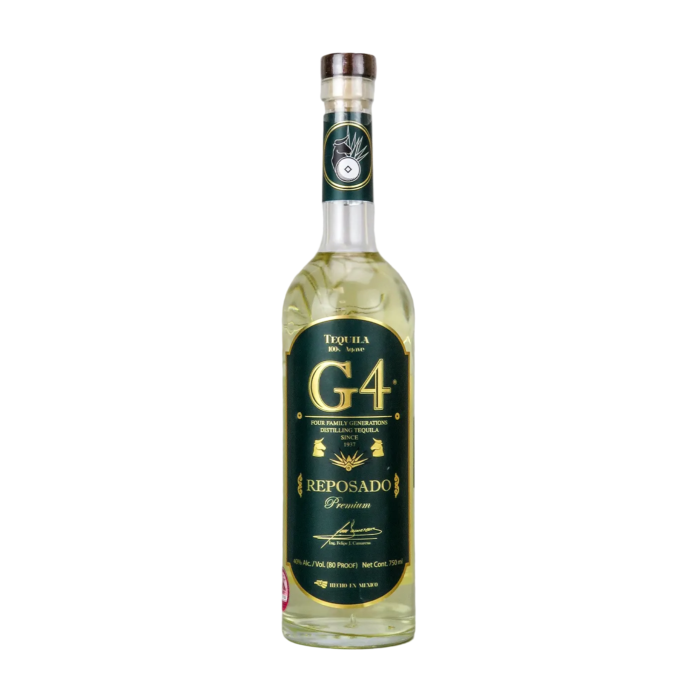 Bottle of G4 Reposado Tequila 70cl – light golden tequila in a glass bottle with a beige label, aged for 6 months in oak barrels.