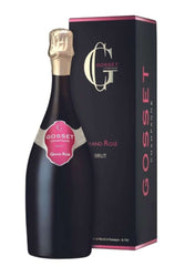 Bottle of Gosset Grand Rose champagne with packaging on a white background