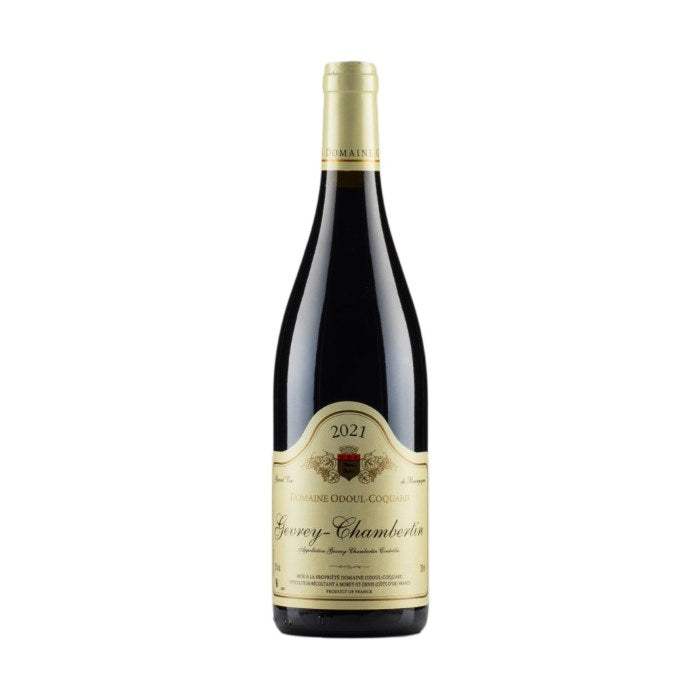 Gevrey Chambertin Odoul Coquard 2021 red wine bottle, showcasing Burgundian winemaking excellence.