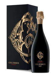 Elegant bottle of Gosset Celebris Extra Brut 2007 Champagne in a black gift box with gold embossed detailing, showcasing a luxury presentation