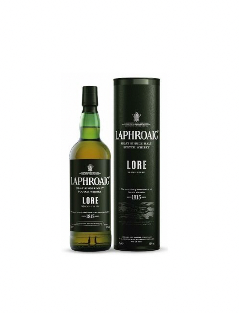 Laphroaig Lore whisky bottle and packaging on a white background