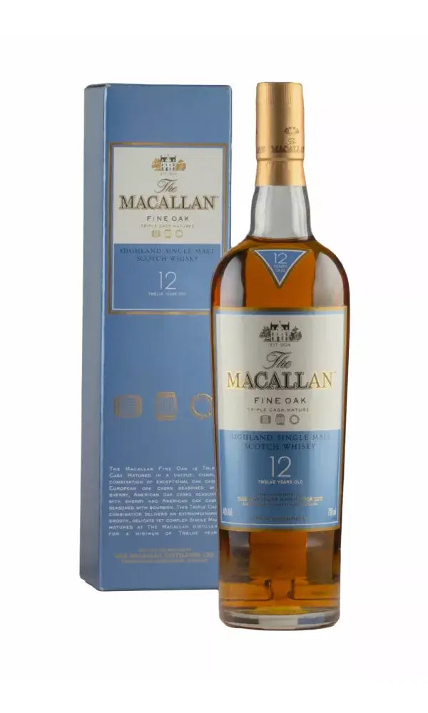 Macallan 12 Year Old Fine Oak bottle showcasing its triple-cask heritage.