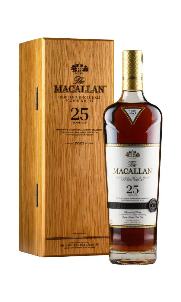 Macallan 25 Year Old Sherry Oak 2023 bottle exemplifying aged elegance.